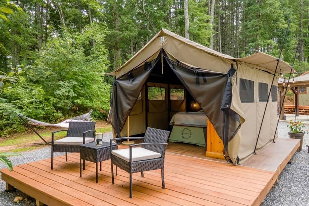 Sylva RV Rental | Glamping Tent with Fire Pit, Deck & Outdoor Dining in Sylva, North Carolina