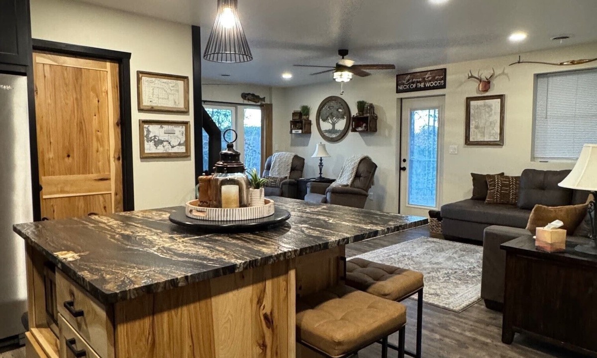 Crivitz Cabin | Luxury creekside cabin near High Falls with views, fire pit & trails nearby