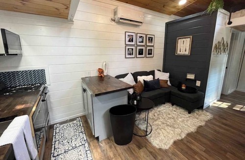 Mills River House | Lakeview tiny home with a loft, full kitchen, furnished deck, & firepit