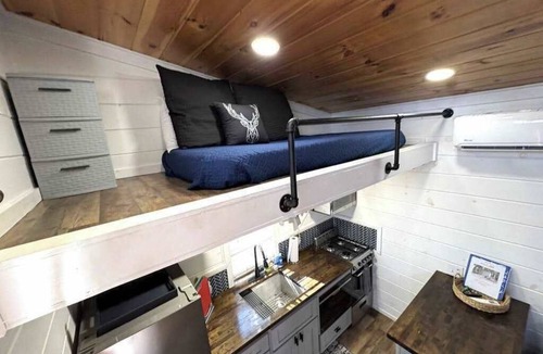 Mills River House | Lakeview tiny home with a loft, full kitchen, furnished deck, & firepit