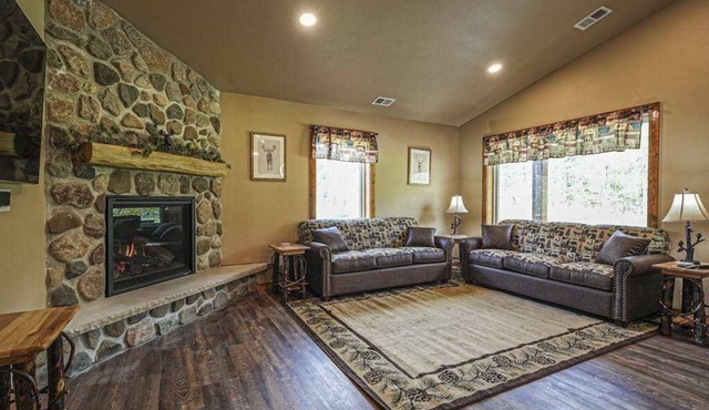 Modern dog-friendly cabin with hot tub, gas fireplace, patio, grill, & washer/dr