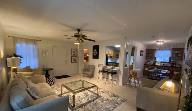 Pet friendly, spacious single level black and white themed home. Cozy Fireplace!