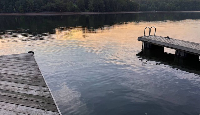 Plenty of Water on the main channel. Perched on a bluff with breathtaking sunrise views over the lake, this remodeled 2BR/1BA log cabin offers memory-foam beds, well-stocked granite kitchen (farm-fresh eggs!), covered deck, stone fire pit, huge dock.