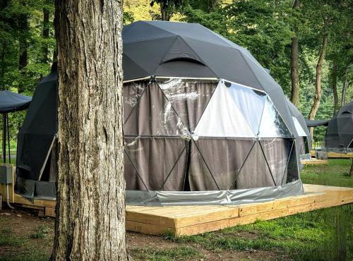 Starlit Geodesic Dome Haven Overlooking a Mountain River in New York’s Catskills